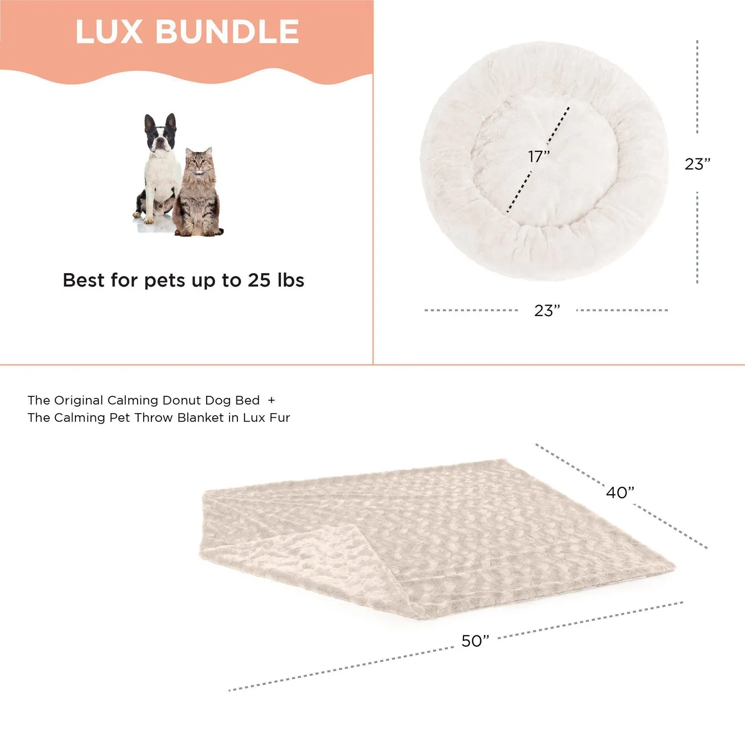 Calming Donut Dog Bed in Lux Fur   Throw Blanket Bundle for Small Pets - 23"x23"