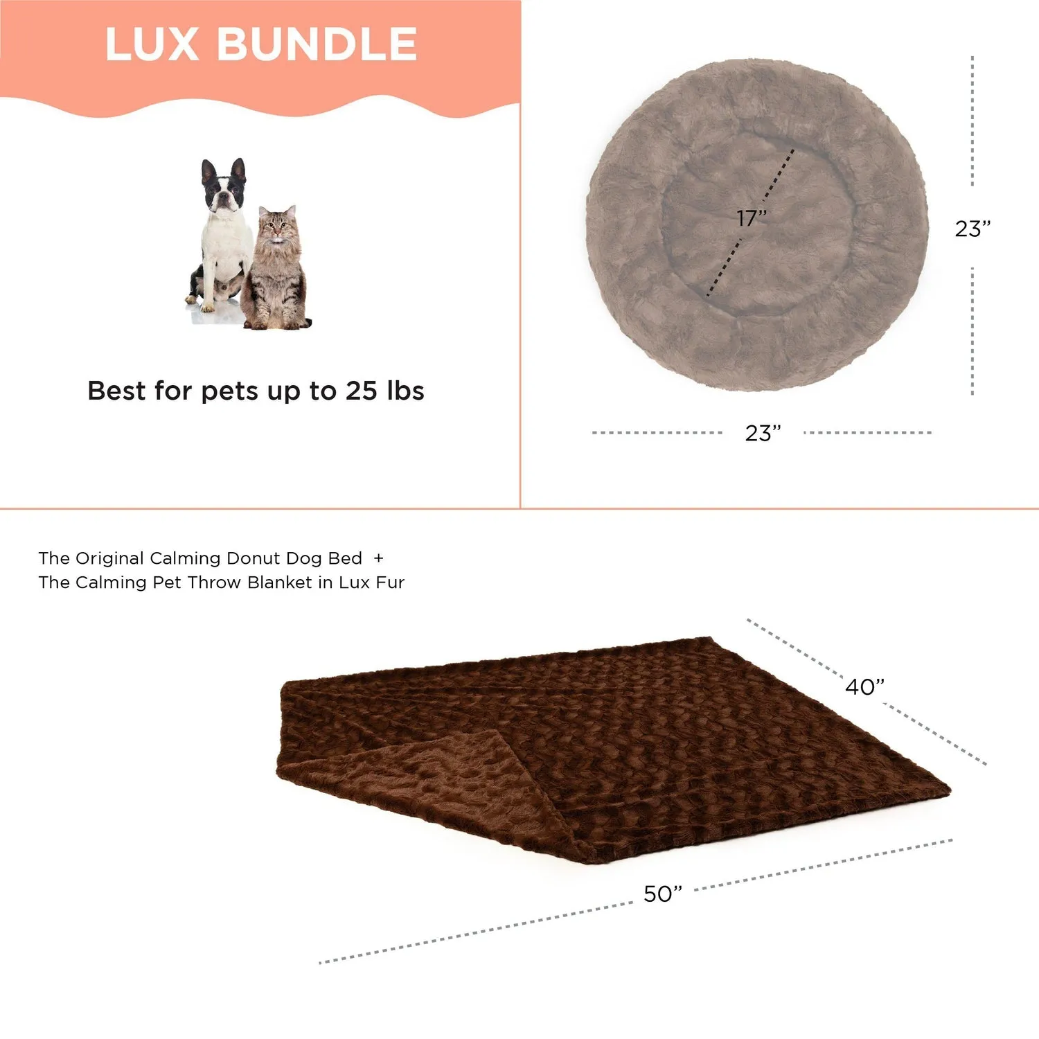 Calming Donut Dog Bed in Lux Fur   Throw Blanket Bundle for Small Pets - 23"x23"