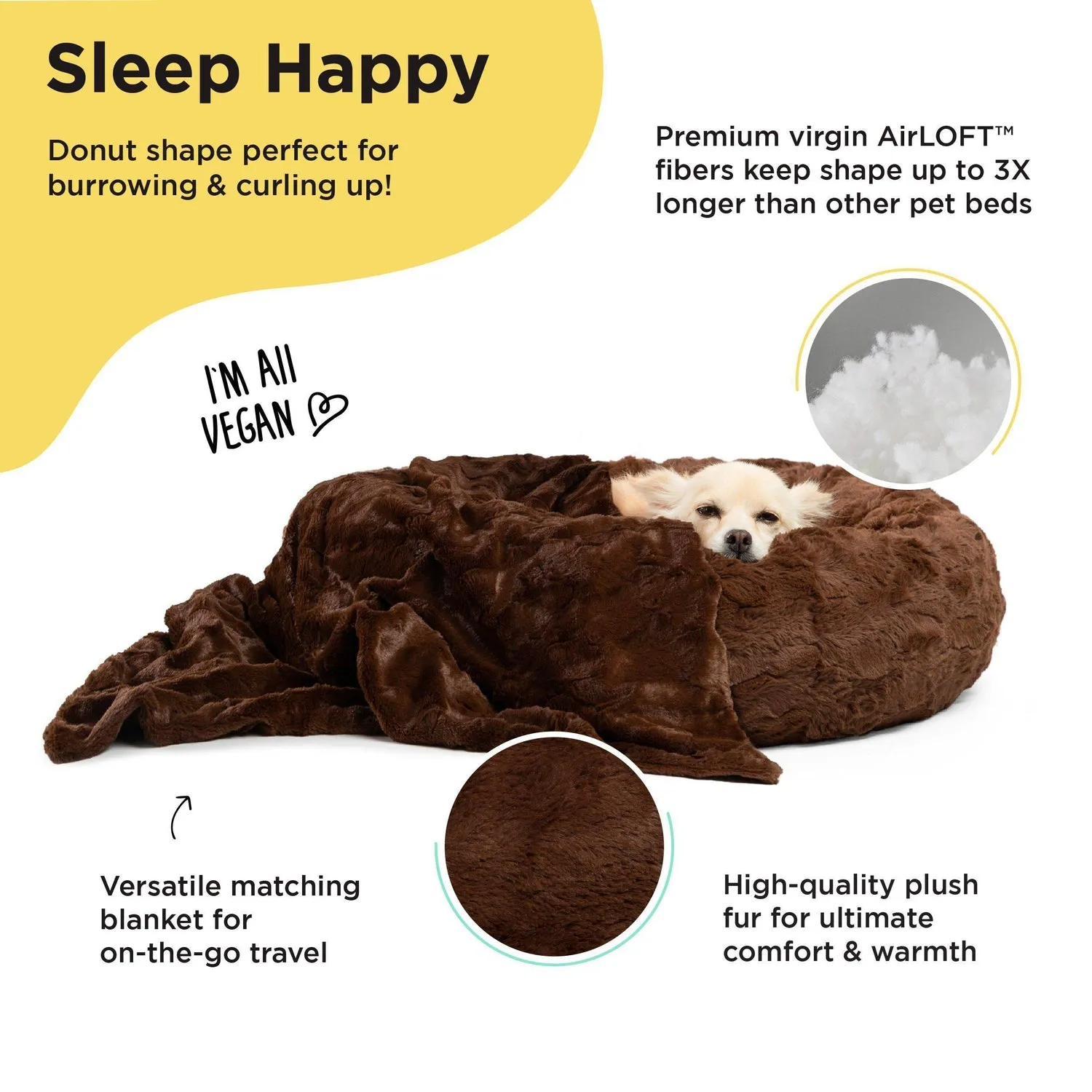 Calming Donut Dog Bed in Lux Fur   Throw Blanket Bundle for Small Pets - 23"x23"