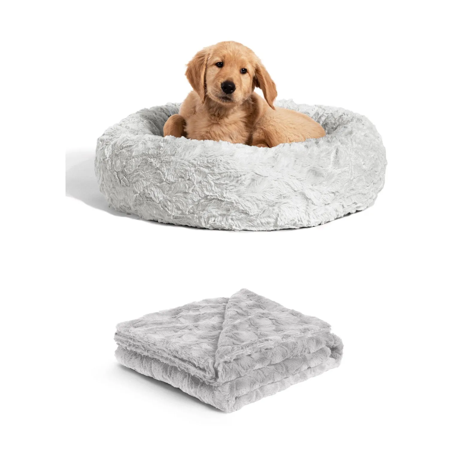 Calming Donut Dog Bed in Lux Fur   Throw Blanket Bundle for Small Pets - 23"x23"
