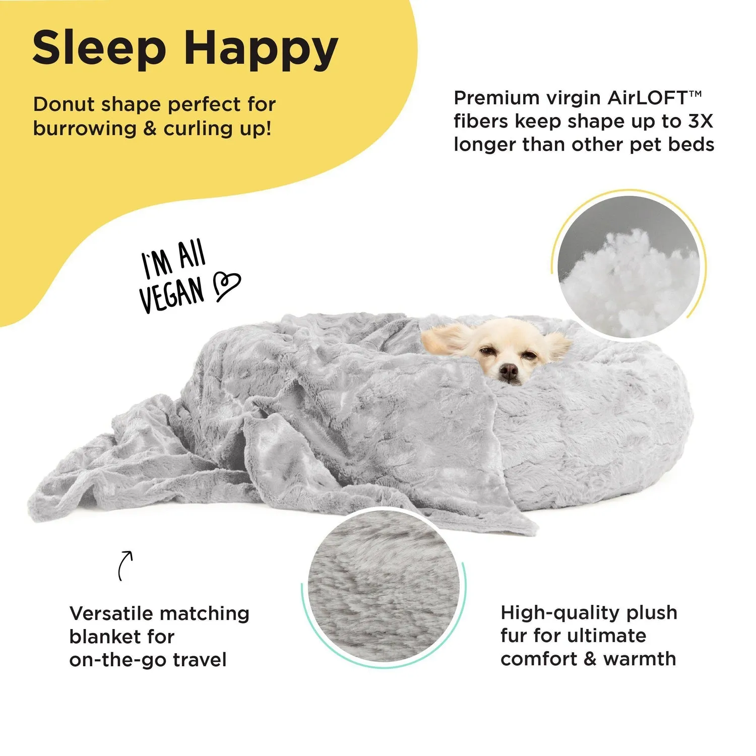 Calming Donut Dog Bed in Lux Fur   Throw Blanket Bundle for Small Pets - 23"x23"