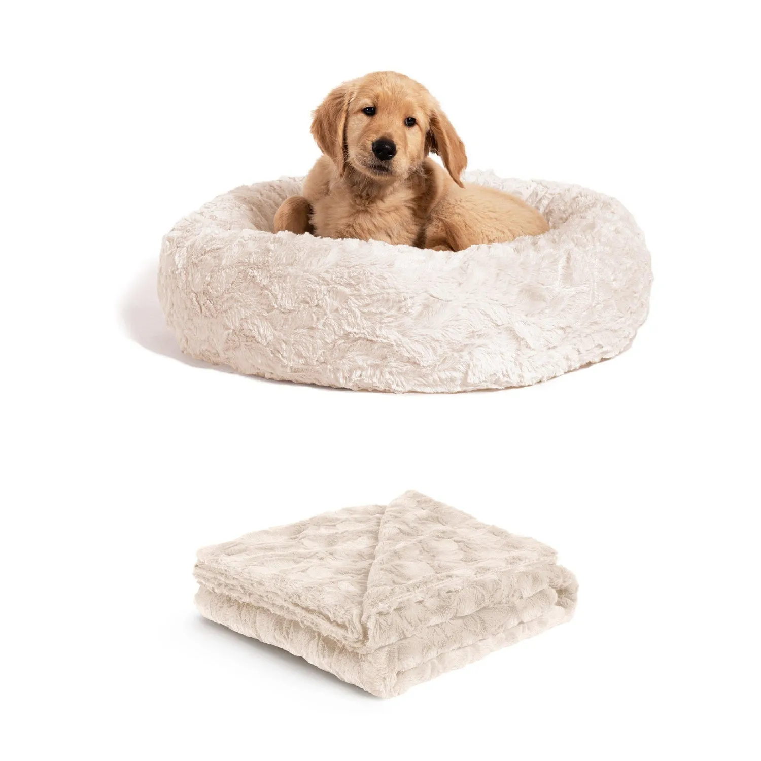 Calming Donut Dog Bed in Lux Fur   Throw Blanket Bundle for Small Pets - 23"x23"