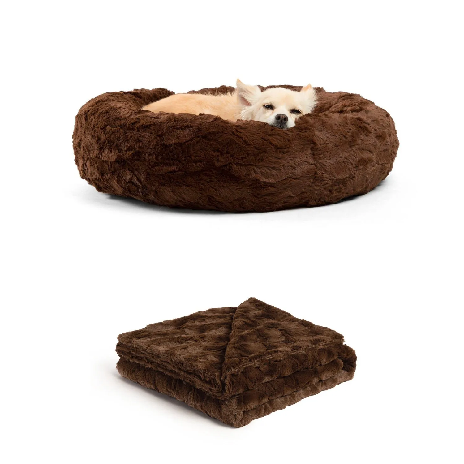 Calming Donut Dog Bed in Lux Fur   Throw Blanket Bundle for Small Pets - 23"x23"