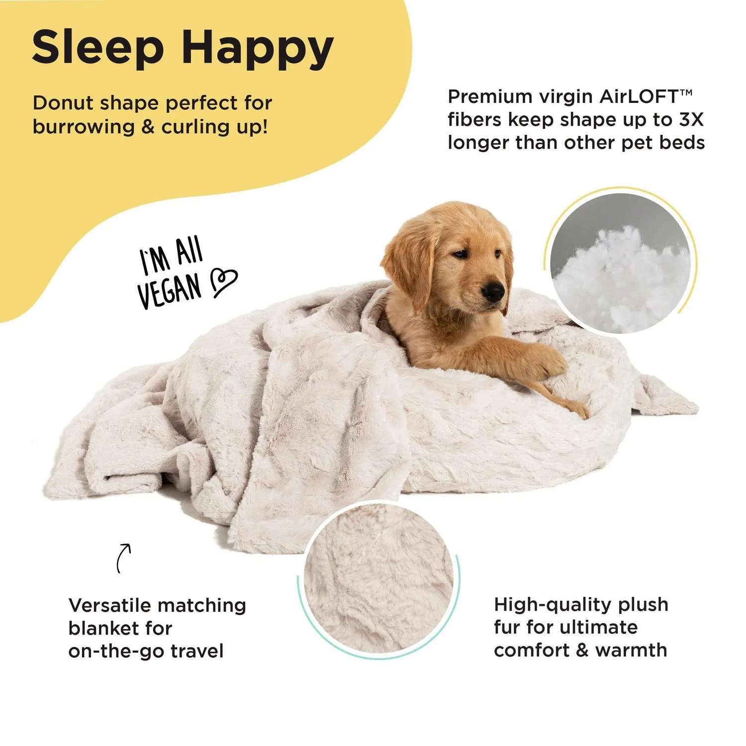 Calming Donut Dog Bed in Lux Fur   Throw Blanket Bundle for Small Pets - 23"x23"