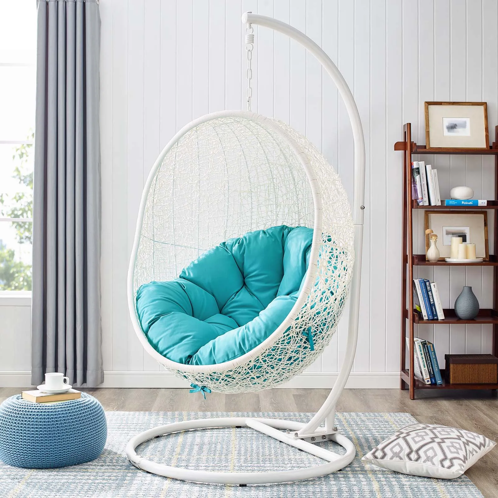 Hide Outdoor Patio Swing Chair With Stand White Turquoise EEI-2273-WHI-TRQ
