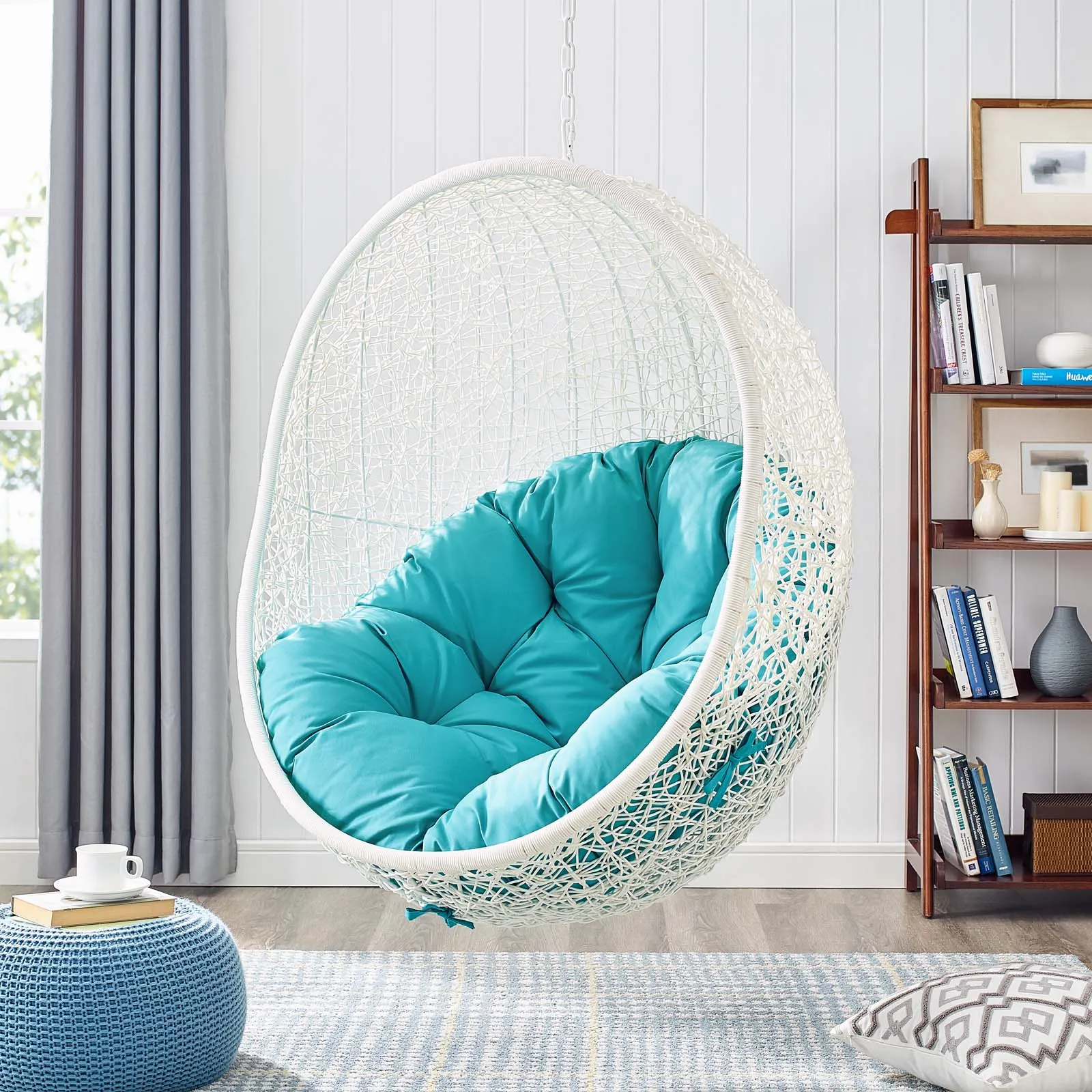 Hide Outdoor Patio Swing Chair With Stand White Turquoise EEI-2273-WHI-TRQ